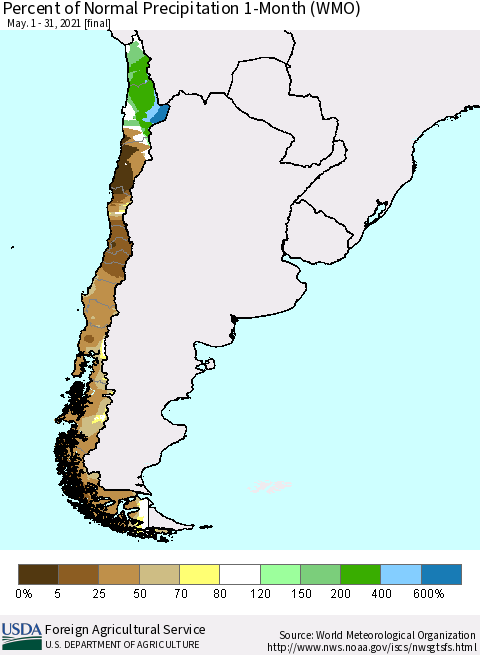 Chile Percent of Normal Precipitation 1-Month (WMO) Thematic Map For 5/1/2021 - 5/31/2021