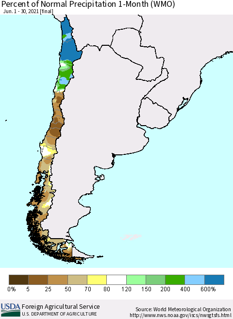 Chile Percent of Normal Precipitation 1-Month (WMO) Thematic Map For 6/1/2021 - 6/30/2021