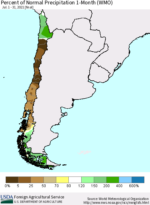 Chile Percent of Normal Precipitation 1-Month (WMO) Thematic Map For 7/1/2021 - 7/31/2021