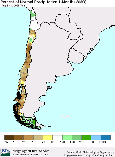 Chile Percent of Normal Precipitation 1-Month (WMO) Thematic Map For 8/1/2021 - 8/31/2021