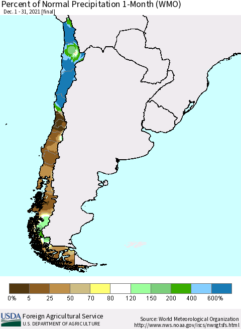 Chile Percent of Normal Precipitation 1-Month (WMO) Thematic Map For 12/1/2021 - 12/31/2021