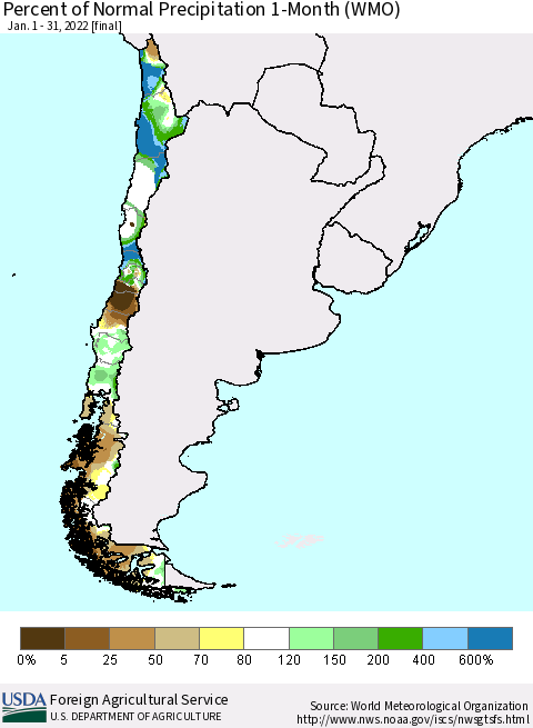 Chile Percent of Normal Precipitation 1-Month (WMO) Thematic Map For 1/1/2022 - 1/31/2022