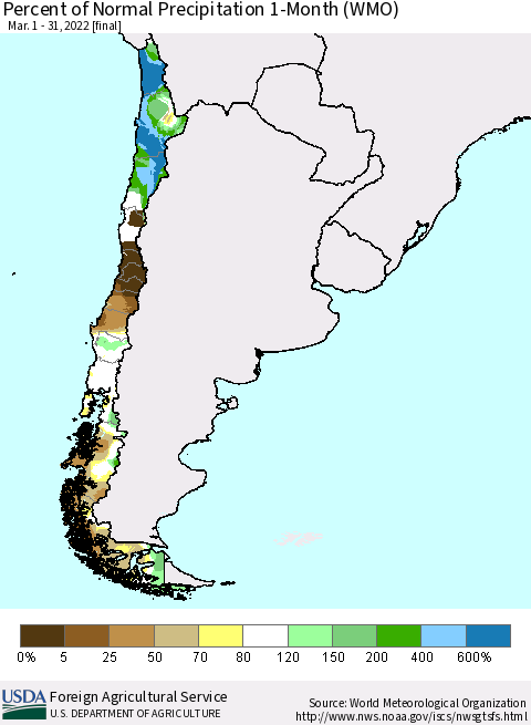 Chile Percent of Normal Precipitation 1-Month (WMO) Thematic Map For 3/1/2022 - 3/31/2022