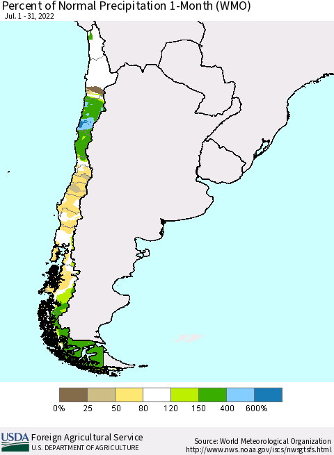 Chile Percent of Normal Precipitation 1-Month (WMO) Thematic Map For 7/1/2022 - 7/31/2022