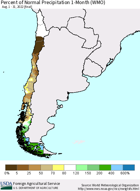 Chile Percent of Normal Precipitation 1-Month (WMO) Thematic Map For 8/1/2022 - 8/31/2022