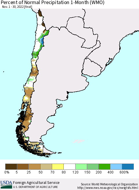 Chile Percent of Normal Precipitation 1-Month (WMO) Thematic Map For 11/1/2022 - 11/30/2022