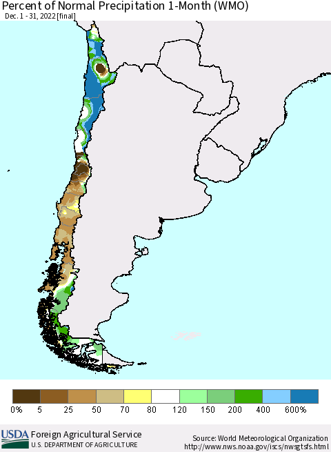 Chile Percent of Normal Precipitation 1-Month (WMO) Thematic Map For 12/1/2022 - 12/31/2022