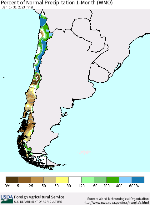 Chile Percent of Normal Precipitation 1-Month (WMO) Thematic Map For 1/1/2023 - 1/31/2023