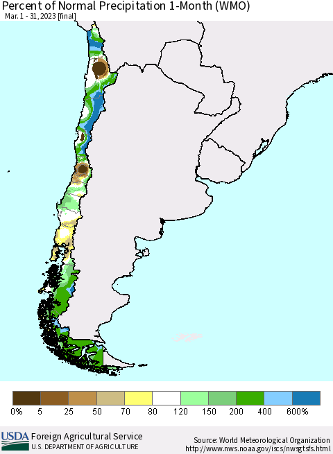 Chile Percent of Normal Precipitation 1-Month (WMO) Thematic Map For 3/1/2023 - 3/31/2023