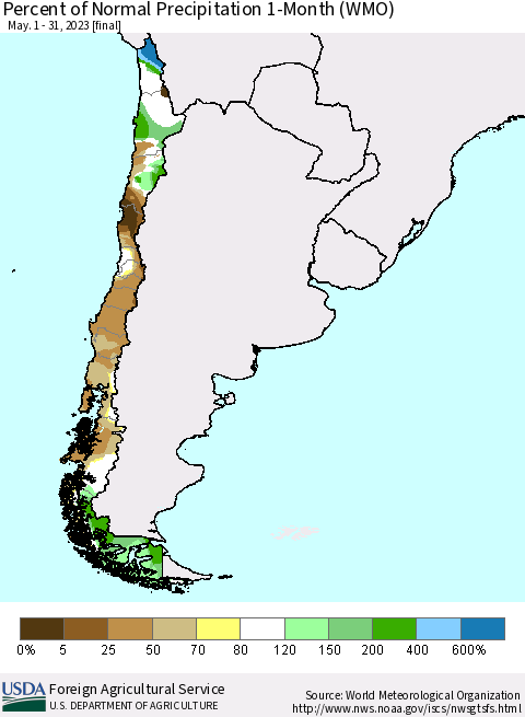 Chile Percent of Normal Precipitation 1-Month (WMO) Thematic Map For 5/1/2023 - 5/31/2023