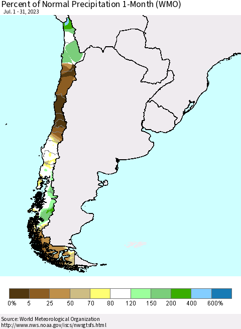 Chile Percent of Normal Precipitation 1-Month (WMO) Thematic Map For 7/1/2023 - 7/31/2023