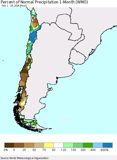 Chile Percent of Normal Precipitation 1-Month (WMO) Thematic Map For 2/1/2024 - 2/29/2024