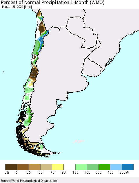 Chile Percent of Normal Precipitation 1-Month (WMO) Thematic Map For 3/1/2024 - 3/31/2024
