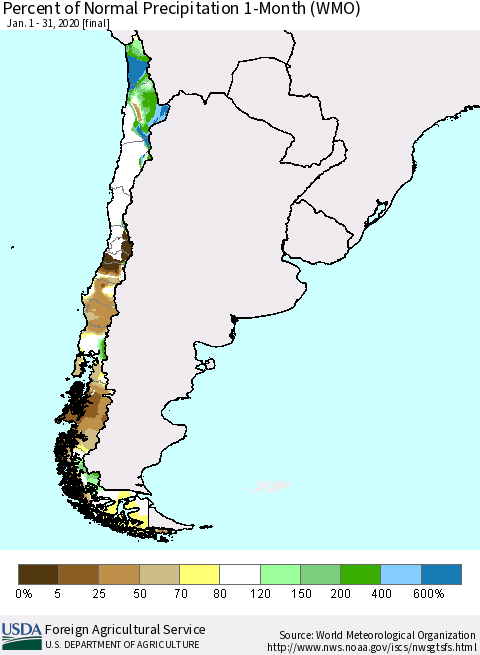 Chile Percent of Normal Precipitation 1-Month (WMO) Thematic Map For 1/1/2020 - 1/31/2020