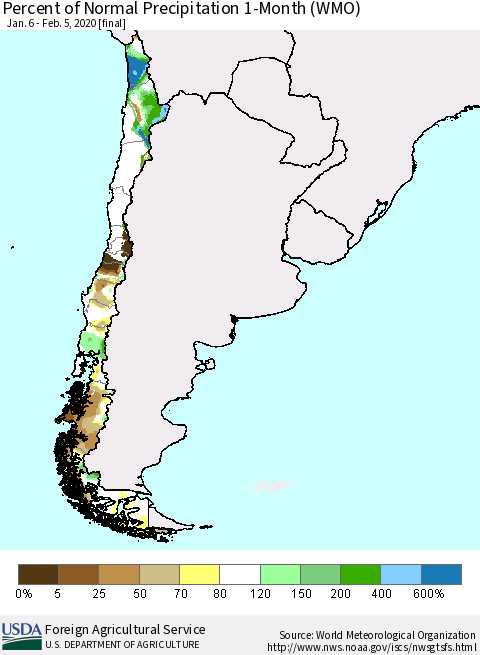 Chile Percent of Normal Precipitation 1-Month (WMO) Thematic Map For 1/6/2020 - 2/5/2020