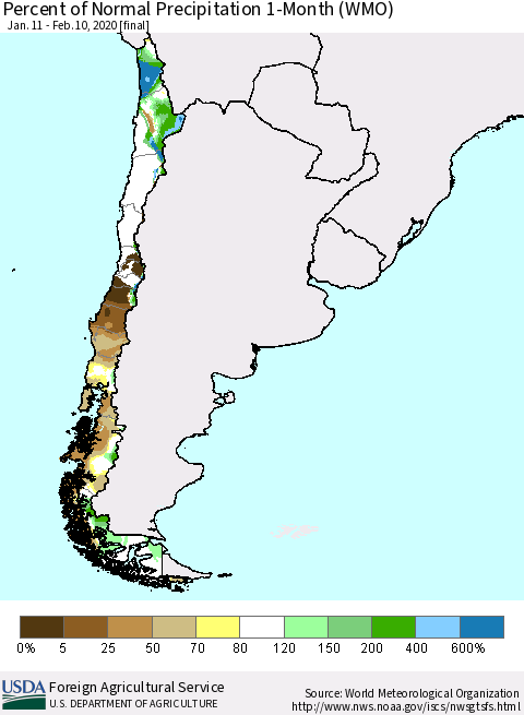 Chile Percent of Normal Precipitation 1-Month (WMO) Thematic Map For 1/11/2020 - 2/10/2020