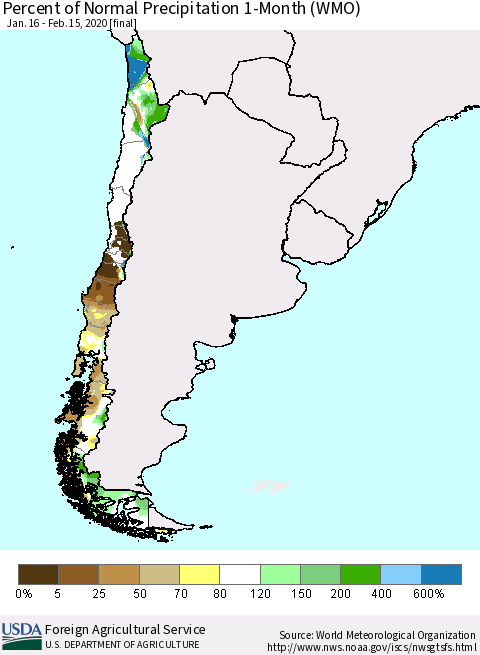 Chile Percent of Normal Precipitation 1-Month (WMO) Thematic Map For 1/16/2020 - 2/15/2020