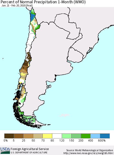 Chile Percent of Normal Precipitation 1-Month (WMO) Thematic Map For 1/21/2020 - 2/20/2020