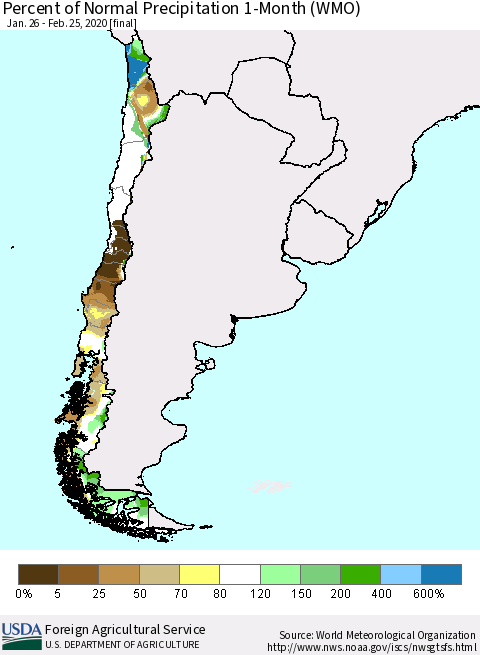 Chile Percent of Normal Precipitation 1-Month (WMO) Thematic Map For 1/26/2020 - 2/25/2020