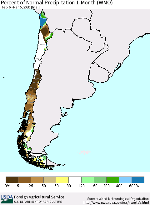 Chile Percent of Normal Precipitation 1-Month (WMO) Thematic Map For 2/6/2020 - 3/5/2020
