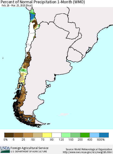 Chile Percent of Normal Precipitation 1-Month (WMO) Thematic Map For 2/26/2020 - 3/25/2020