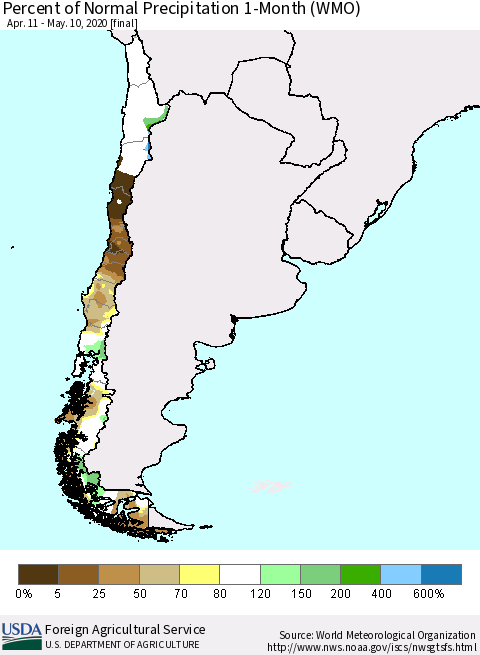 Chile Percent of Normal Precipitation 1-Month (WMO) Thematic Map For 4/11/2020 - 5/10/2020