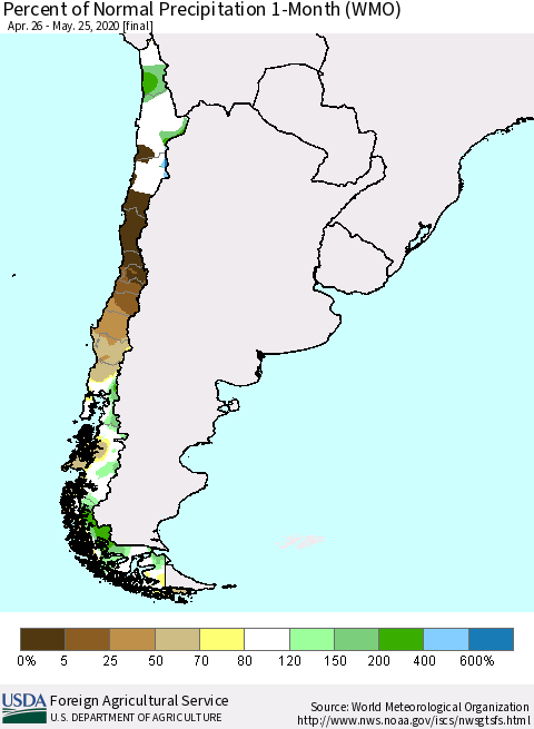 Chile Percent of Normal Precipitation 1-Month (WMO) Thematic Map For 4/26/2020 - 5/25/2020