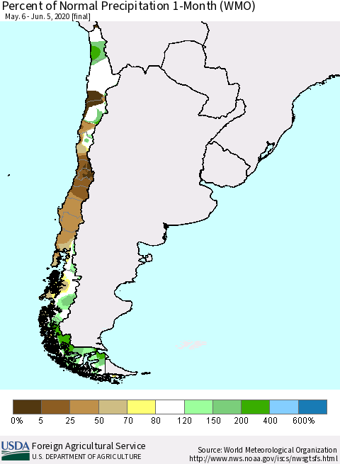 Chile Percent of Normal Precipitation 1-Month (WMO) Thematic Map For 5/6/2020 - 6/5/2020