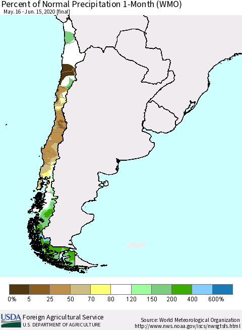 Chile Percent of Normal Precipitation 1-Month (WMO) Thematic Map For 5/16/2020 - 6/15/2020