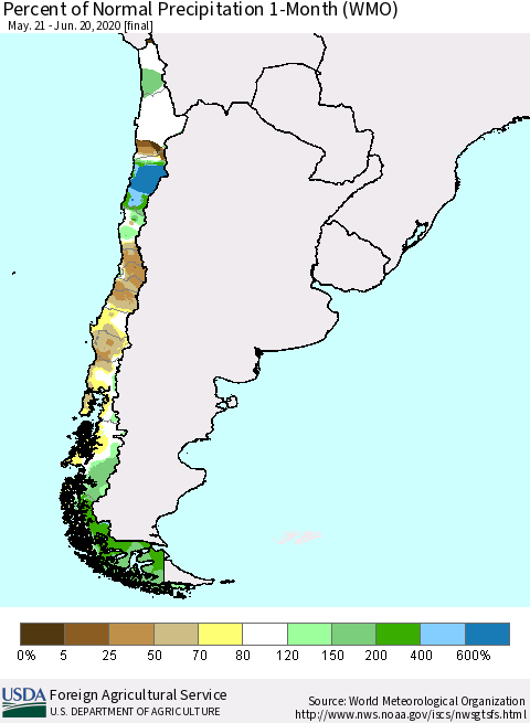 Chile Percent of Normal Precipitation 1-Month (WMO) Thematic Map For 5/21/2020 - 6/20/2020
