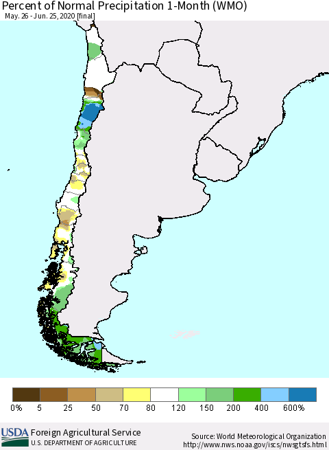 Chile Percent of Normal Precipitation 1-Month (WMO) Thematic Map For 5/26/2020 - 6/25/2020