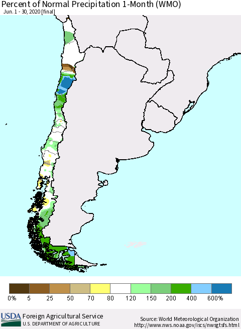 Chile Percent of Normal Precipitation 1-Month (WMO) Thematic Map For 6/1/2020 - 6/30/2020