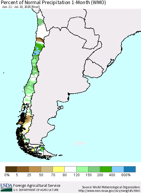Chile Percent of Normal Precipitation 1-Month (WMO) Thematic Map For 6/11/2020 - 7/10/2020