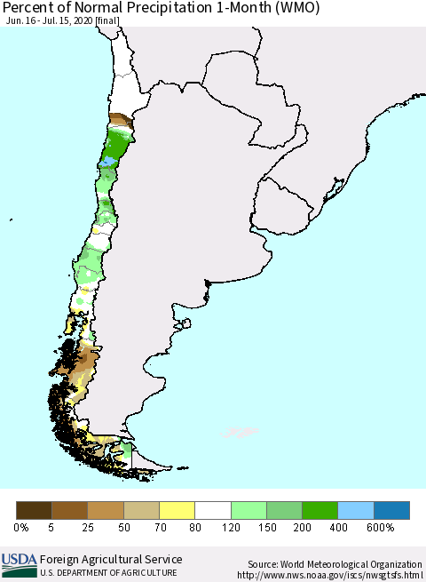Chile Percent of Normal Precipitation 1-Month (WMO) Thematic Map For 6/16/2020 - 7/15/2020