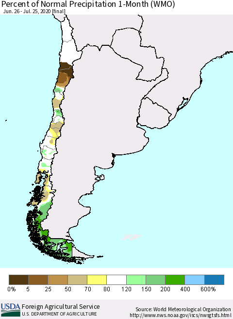 Chile Percent of Normal Precipitation 1-Month (WMO) Thematic Map For 6/26/2020 - 7/25/2020