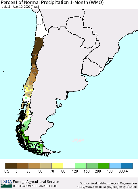 Chile Percent of Normal Precipitation 1-Month (WMO) Thematic Map For 7/11/2020 - 8/10/2020