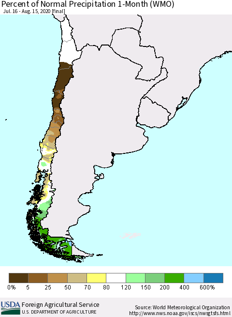 Chile Percent of Normal Precipitation 1-Month (WMO) Thematic Map For 7/16/2020 - 8/15/2020