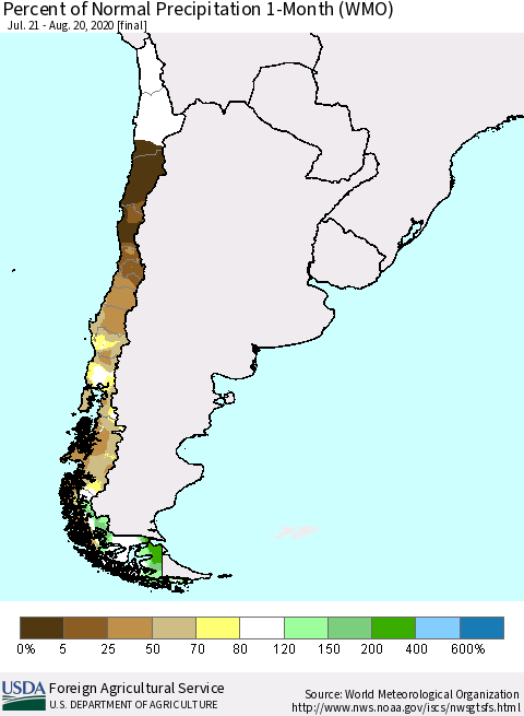 Chile Percent of Normal Precipitation 1-Month (WMO) Thematic Map For 7/21/2020 - 8/20/2020