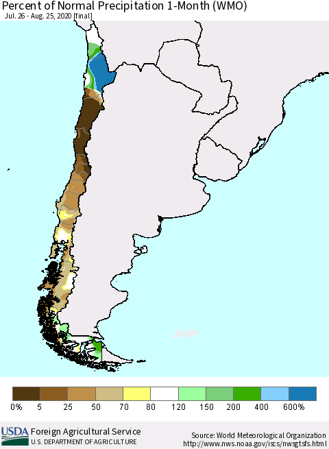 Chile Percent of Normal Precipitation 1-Month (WMO) Thematic Map For 7/26/2020 - 8/25/2020