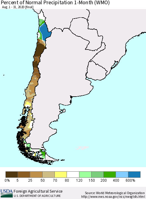 Chile Percent of Normal Precipitation 1-Month (WMO) Thematic Map For 8/1/2020 - 8/31/2020
