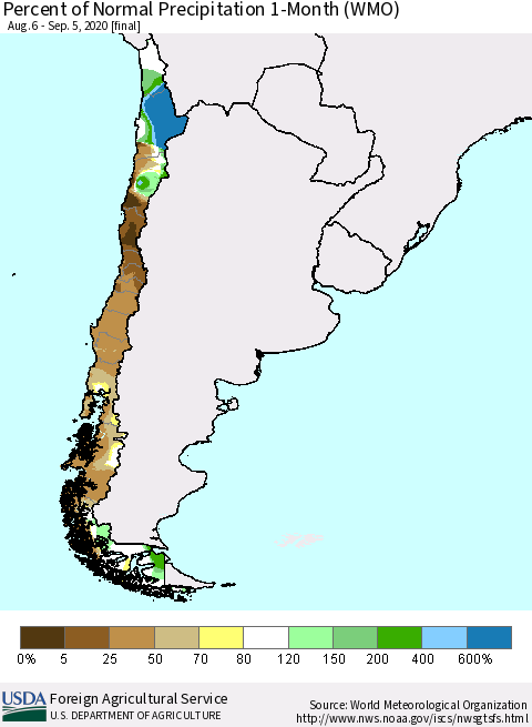 Chile Percent of Normal Precipitation 1-Month (WMO) Thematic Map For 8/6/2020 - 9/5/2020