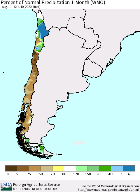 Chile Percent of Normal Precipitation 1-Month (WMO) Thematic Map For 8/11/2020 - 9/10/2020
