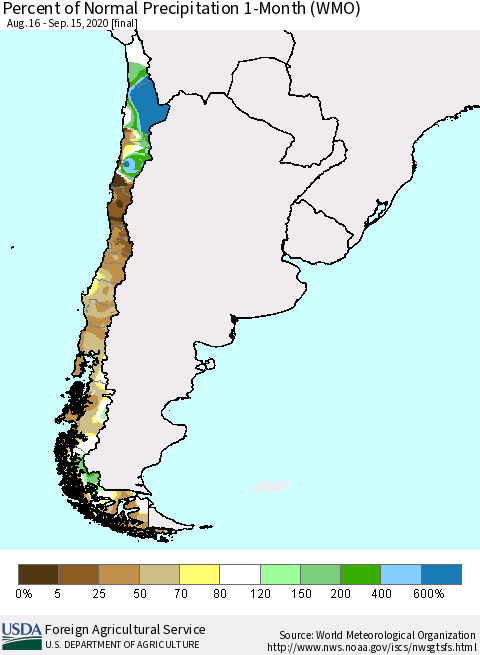 Chile Percent of Normal Precipitation 1-Month (WMO) Thematic Map For 8/16/2020 - 9/15/2020