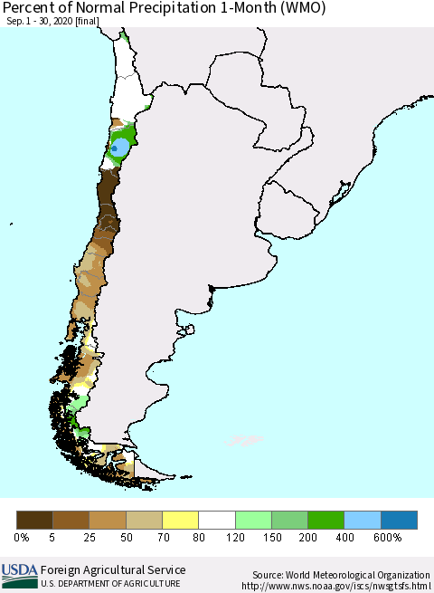 Chile Percent of Normal Precipitation 1-Month (WMO) Thematic Map For 9/1/2020 - 9/30/2020