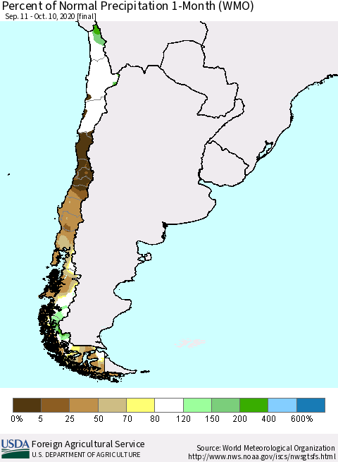 Chile Percent of Normal Precipitation 1-Month (WMO) Thematic Map For 9/11/2020 - 10/10/2020
