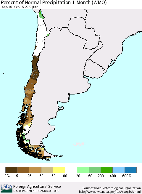 Chile Percent of Normal Precipitation 1-Month (WMO) Thematic Map For 9/16/2020 - 10/15/2020