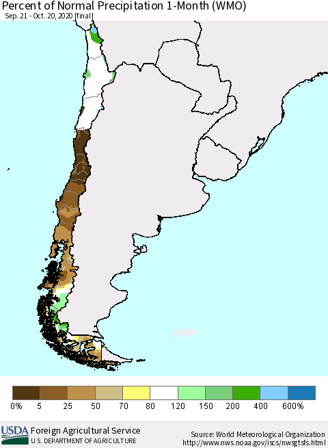 Chile Percent of Normal Precipitation 1-Month (WMO) Thematic Map For 9/21/2020 - 10/20/2020
