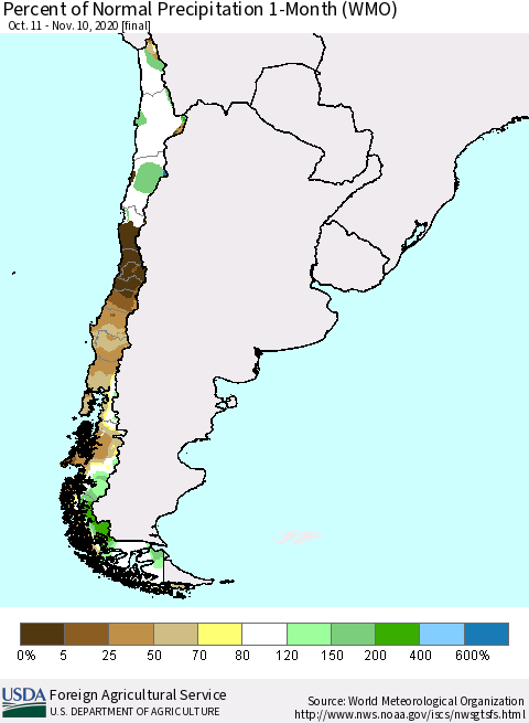 Chile Percent of Normal Precipitation 1-Month (WMO) Thematic Map For 10/11/2020 - 11/10/2020