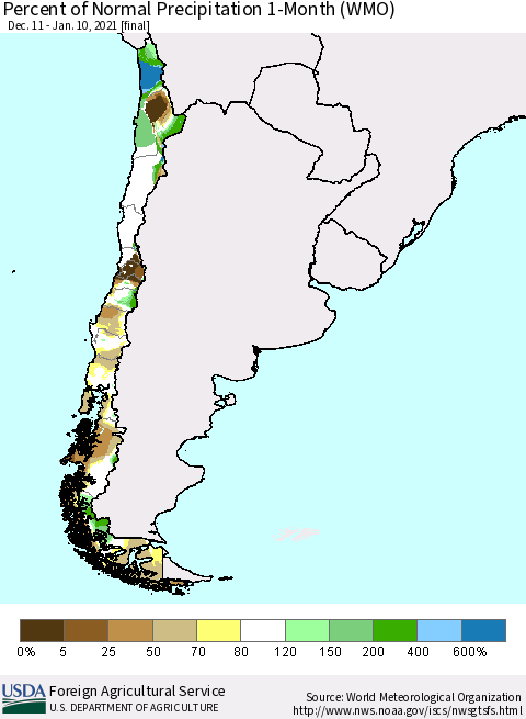 Chile Percent of Normal Precipitation 1-Month (WMO) Thematic Map For 12/11/2020 - 1/10/2021