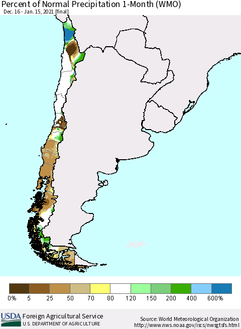 Chile Percent of Normal Precipitation 1-Month (WMO) Thematic Map For 12/16/2020 - 1/15/2021